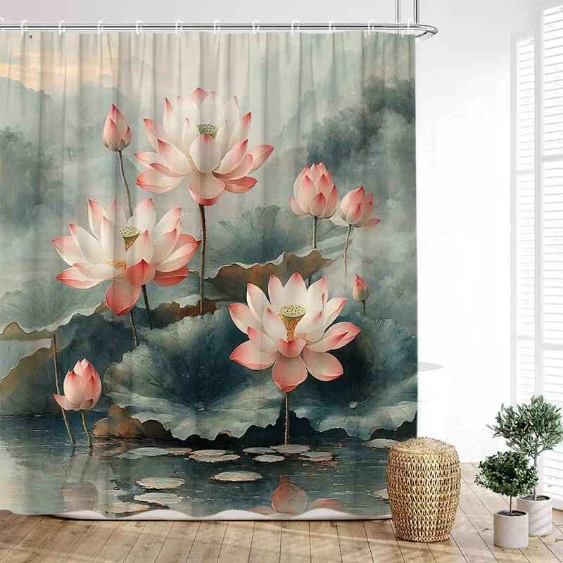 Chinese Style Lotus Shower Curtains Pink Floral Green Leaves Plant Watercolour Art Fabric Home Bathroom Curtain Decor With Hooks