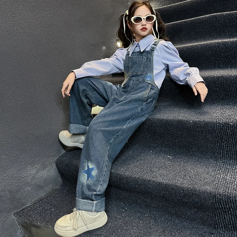 

Kids Blue Denim Jumpsuit Suspender Pants with Straps Age 5 6 7 8 9 10 11 12 13 14 Fashion Children Jeans Overalls for Baby Girls