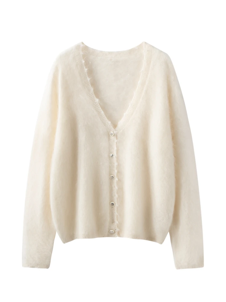 

Women's Basic Soft Warm Autumn Winter V-Neck Knitted Sweater Casual Thick Cardigan 100% Cashmere Simple Loose Clothing Tops