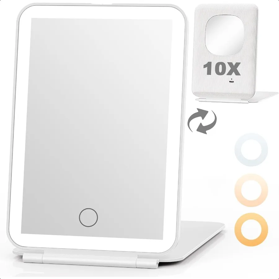 

Rechargeable Travel Makeup Mirror with Light Lighted Compact Vanity Mirror with 1x 10X Magnification 3 Dimmable Color LED Light