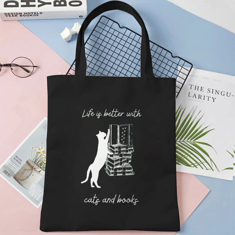 Cat and Book Lover Print Shopping Bag Tote Handbag Shopper Recycle Bag Reusable Tote Black Cat Vintage Handbag Purse for Travel