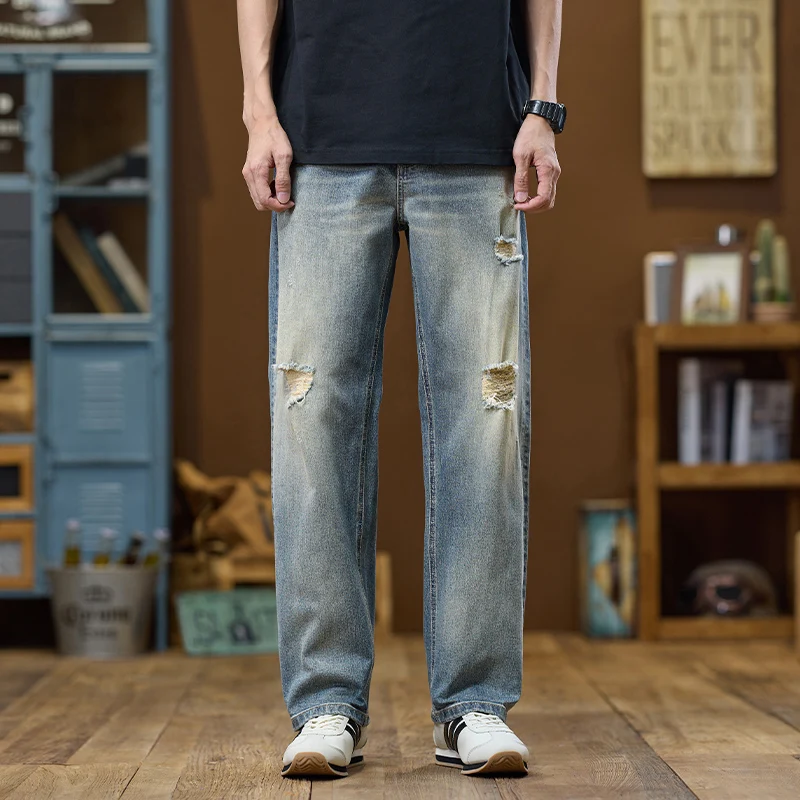 

Ripped Jeans Men Loose Fit Distressed Man Denim Pants Wide Leg Pants Hollow Out Men's Trousers Streetwer Vintage Motocycle