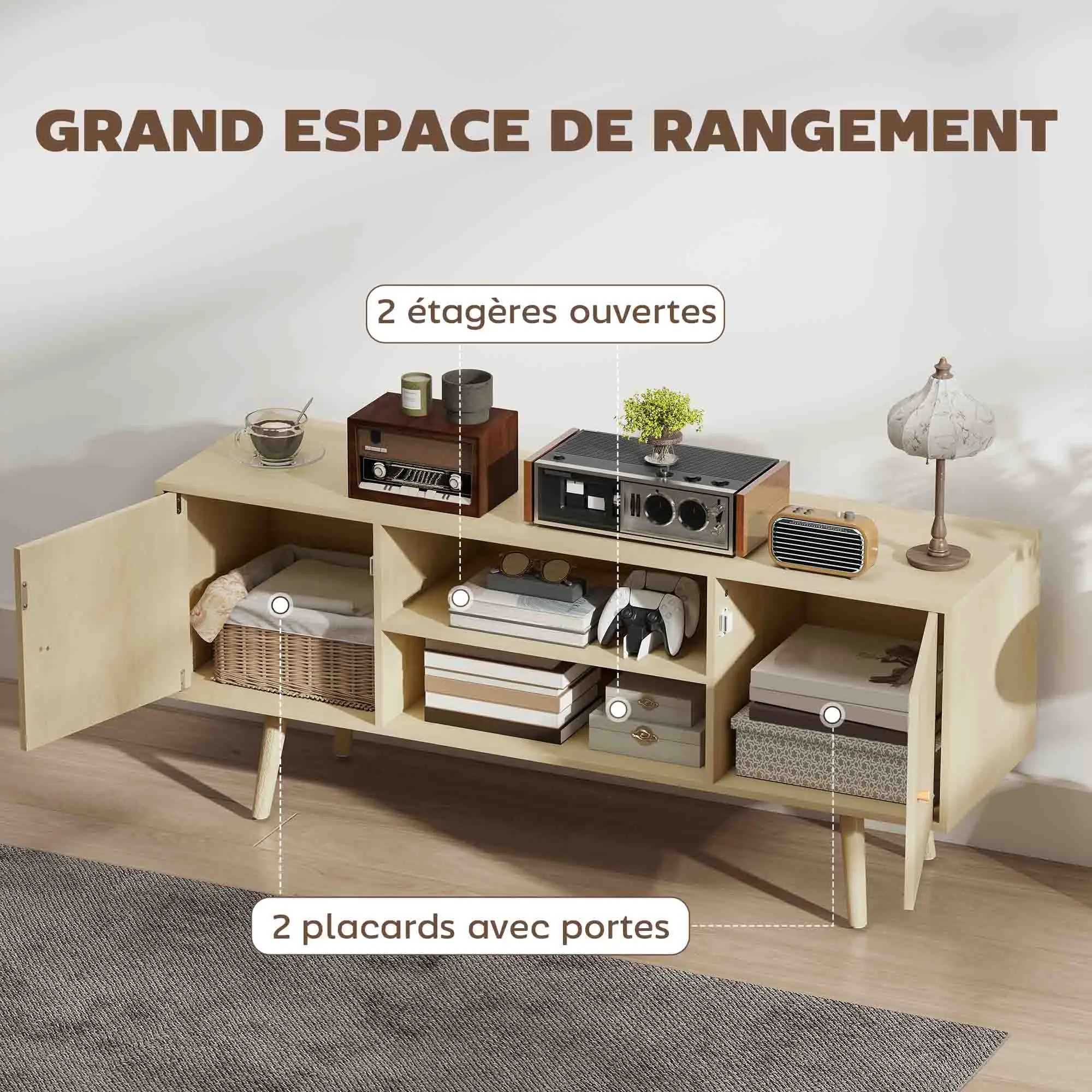 Mueble para TV HOMCOM de 120 cm, soporte para televisores de hasta 55 pulgadas con 2 gabinetes y 2 estantes abiertos, mueble de TV moderno para sala de estar, dormitorio, efecto madera natural