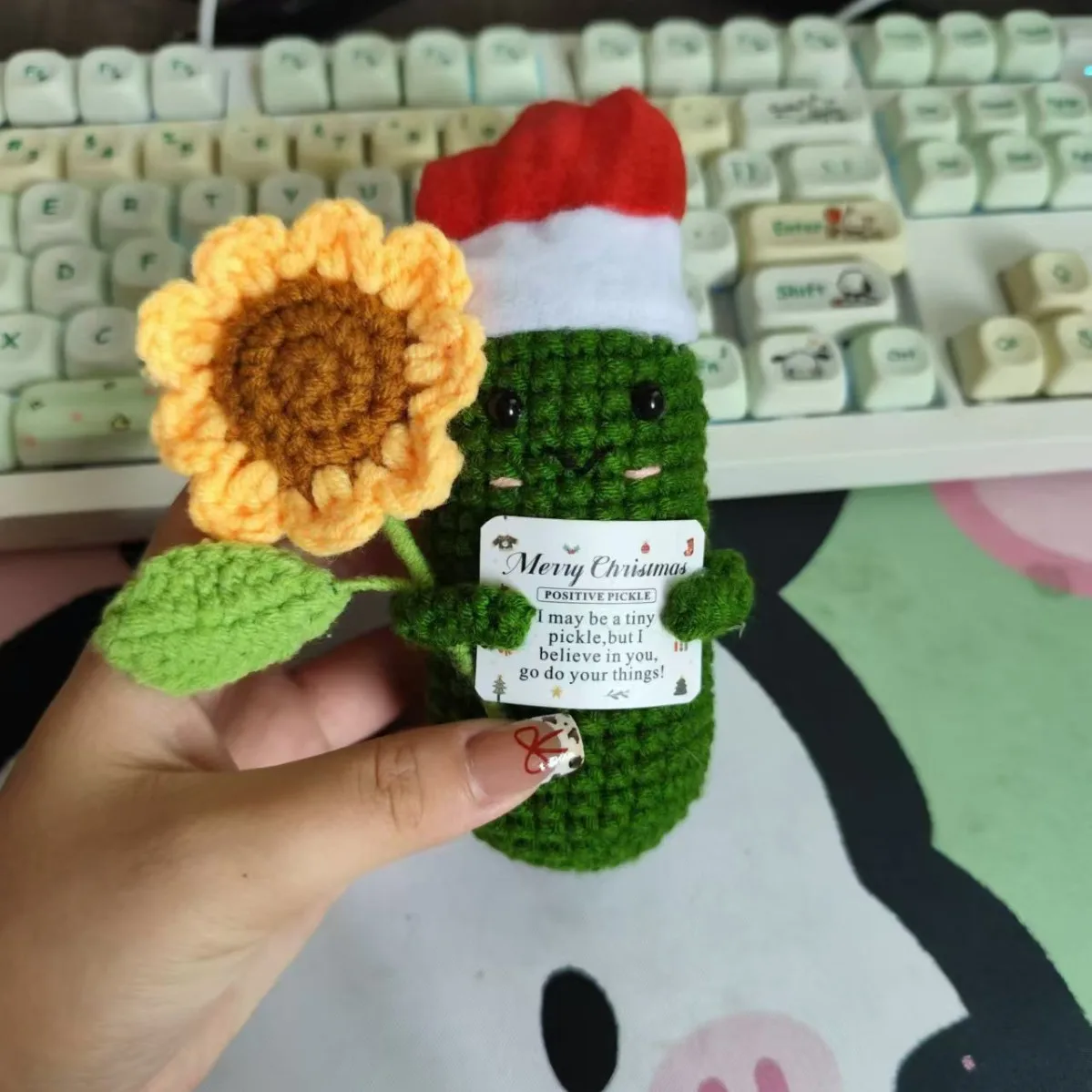 Cute Handmade Crochet Positive Energy Xmas Potato with Glasses Ornament Wool Knitted Cucumber Doll Christmas Home Decoration