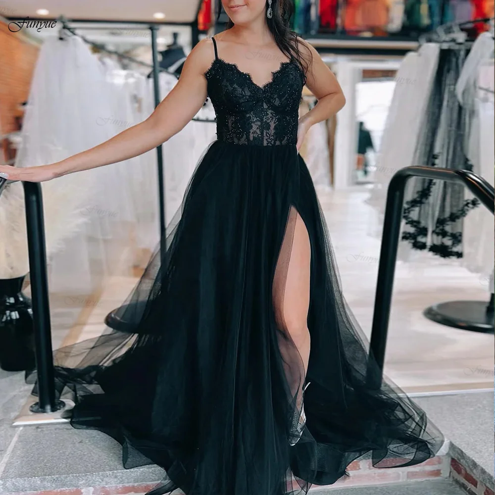 

Funyue Tulle Spaghetti Straps Black Long Prom Dresses with Slit A-Line Open Lace-Up Back Women Evening Party Gown Lace Appliques