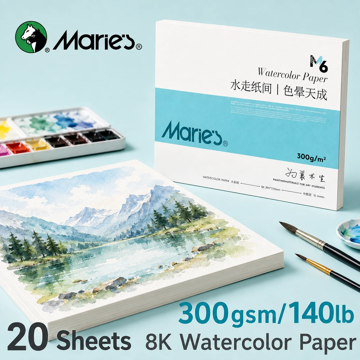 Marie's 8K Heavyweight Watercolor Paper Set,300gsm/110lb 20 Sheets for Color Layering,Finished Illustrations