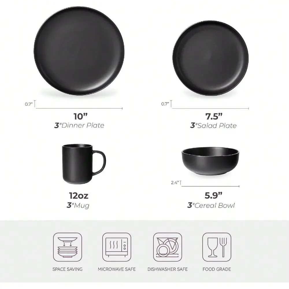 

Stoneware Dinnerware Set With Mugs Microwave And Dishwasher Friendly Stackable Matte Glaze Plates Bowls Service For 3 Black For