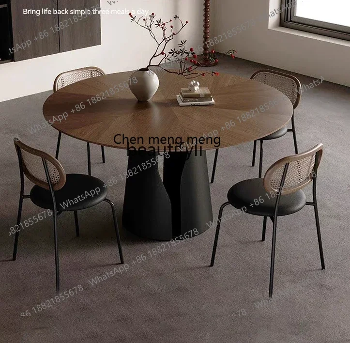 E153  Retro Style Solid Wood round Table Household Small Apartment High-End Black Walnut Wooden round Table with Turntable