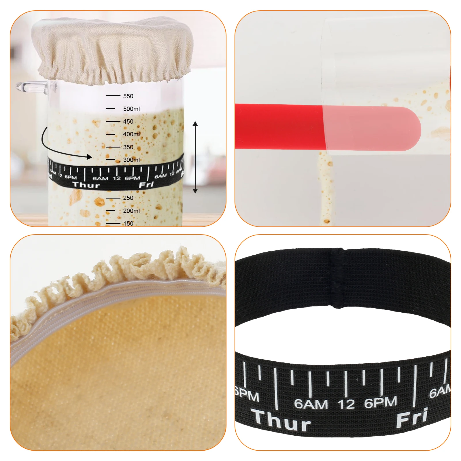 7Pcs Dough Starter Jar Laber Sourdough with Cloth Cap Silicone Spatula Date Band Breathable Jar Cover for Kitchen Baking - view 3