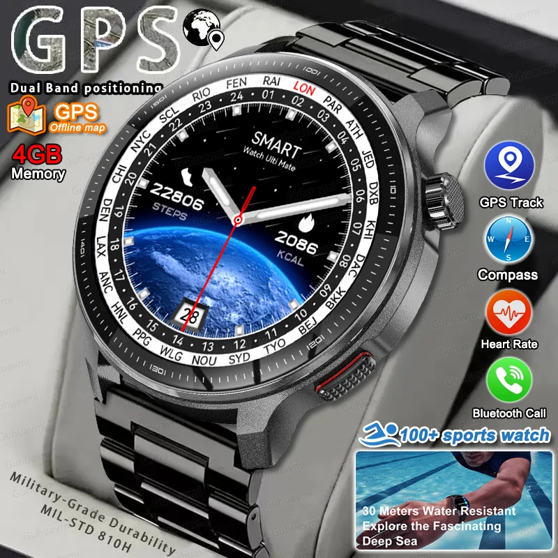 2026 NEW Military Men Accuracy GPS Smart Watch Waterproof  Call 4GB Memory Music Video Player TWS headphone GPS map Smartwatch