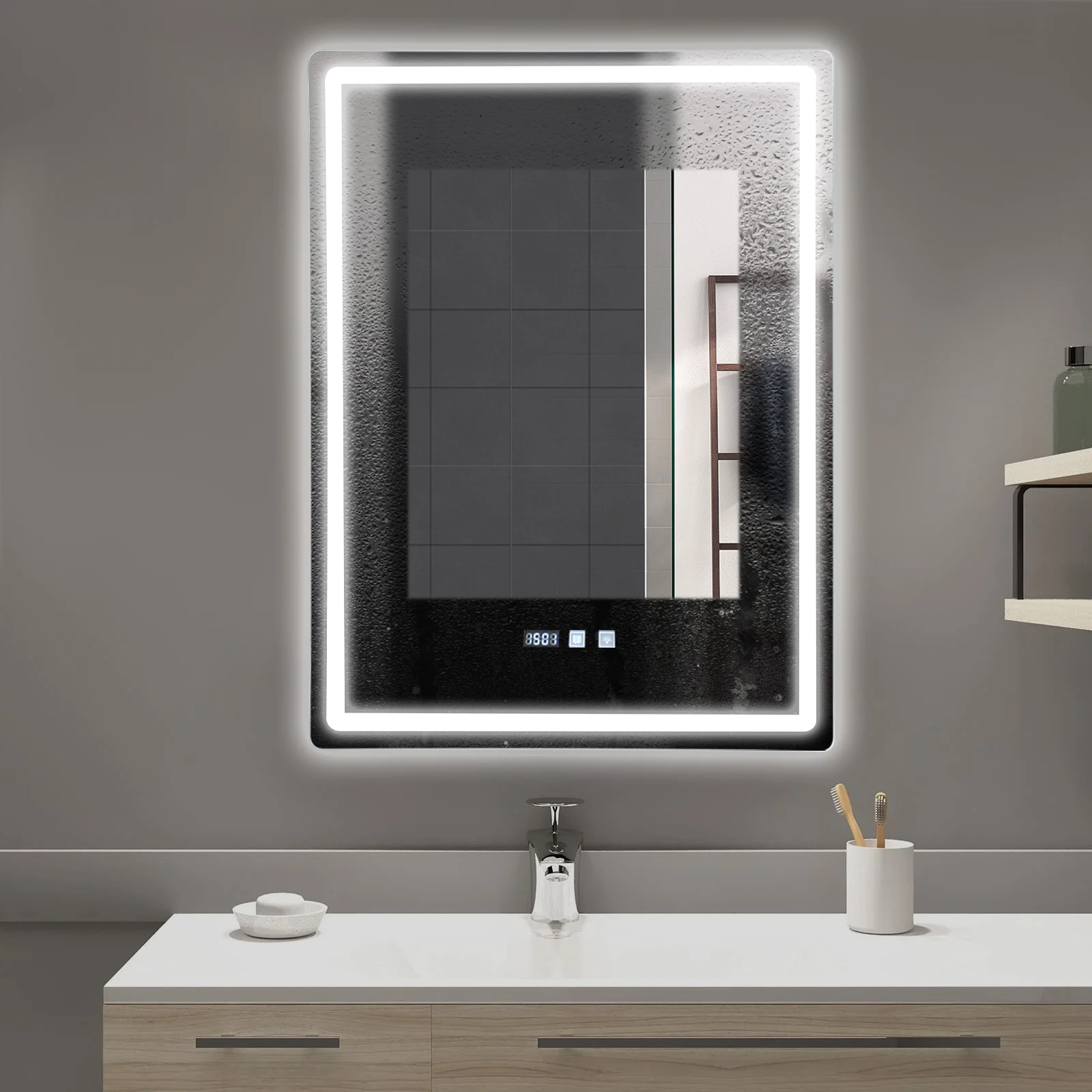 LED Bathroom Mirror with Lights De-fogging Time, Dimmable Anti-Fog Mirror 24W