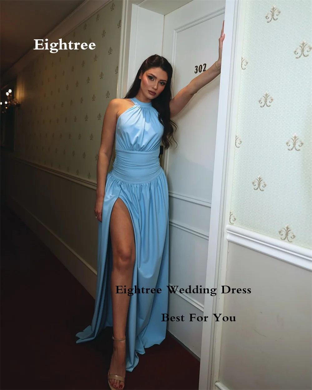 Eightree Blue Stretch Satin A‑Line Prom Dresses Halter Neck Sleeveless Evening Dress Ruched Waist High Slit Gowns Customizd 2026