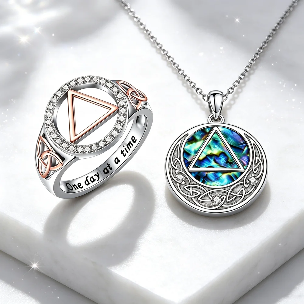 AA Sobriety Jewelry Set Abalone Shell Celtic Knot Triangle Pendant Two Tone Knot Zircon Ring Alcoholics Anonymous Recovery Gift