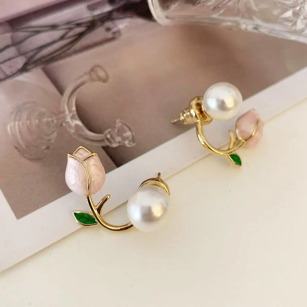 Cute Pink Tulip Imitation Pearl Earrings Rose Color Flower Two Ways To Wear Ear Studs For Girls Daily Wear Women Ear Piercings