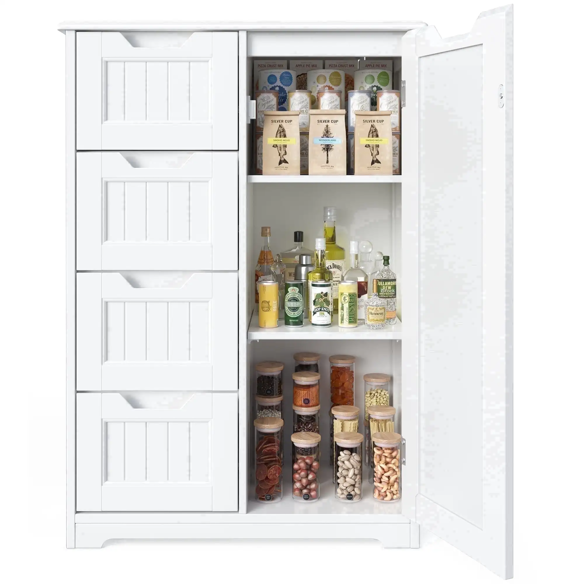 33'' Small Food Pantry Cabinet with Doors and Shelves Wooden Kitchen Storage with 4 Drawers for Kitchen Organization White