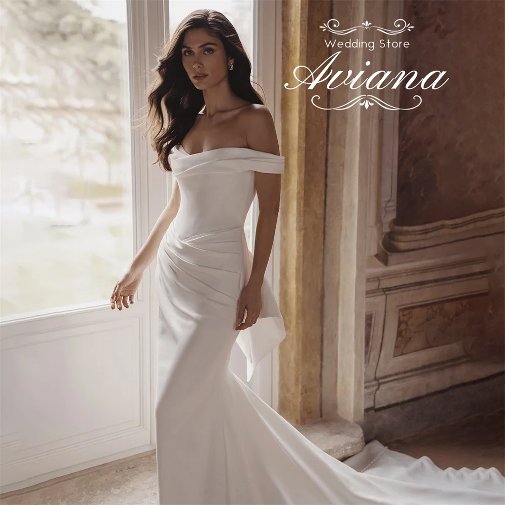 Aviana مخصص قبالة الكتف قطار الاجتياح الكشكشة الظهر القوس حورية البحر فستان الزفاف طول الأرض قارب الرقبة عارية الذراعين زر بسيط