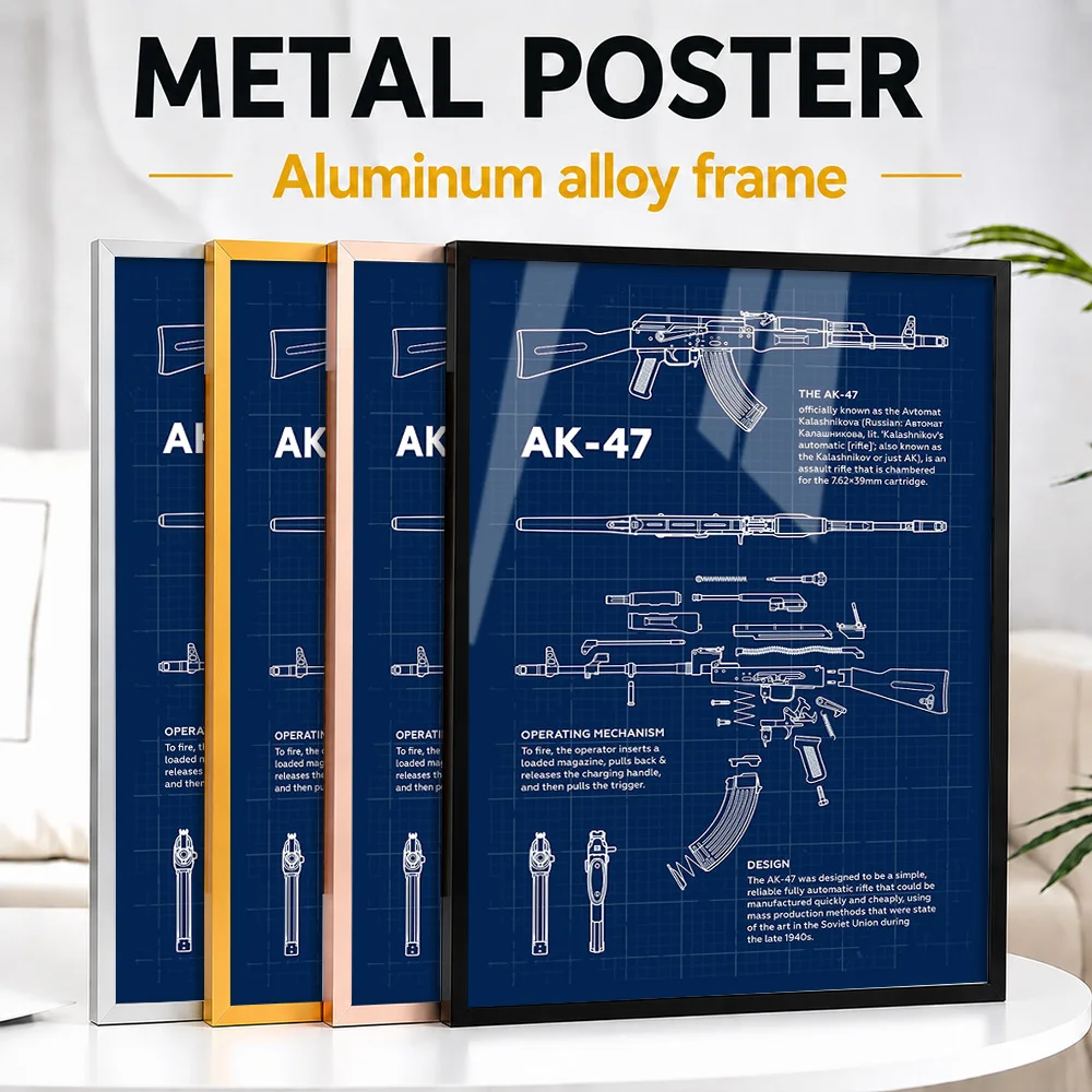 AK-47 Blueprint Framed Metal Print Customized Photo Technical Reference Style Wall Art For Home Office Memorable Hobbyist Gift