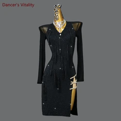 Latin Dance Performance Dress Cusomzied Long Sleeves AB Stones Chacha Rumba Dance Competitoin Dresses Latin Fringe Skirt