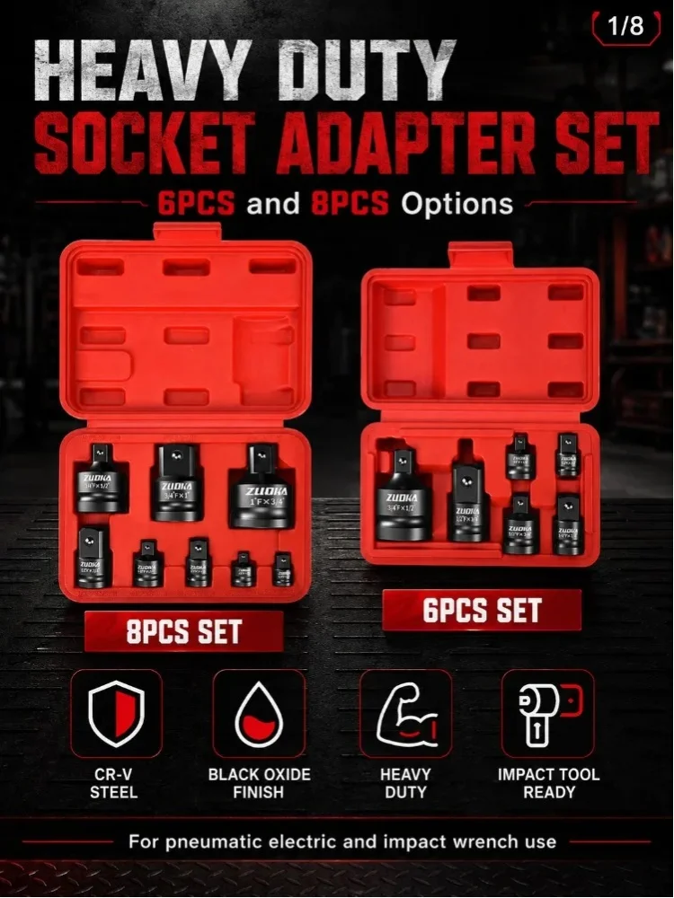 GIOIO Schlagschrauber-Adapter-Set 6-teilig 8-teilig Hochleistungs-Steckschlüssel-Reduzieradapter-Kit CR-V-Stahl Schwarzoxidbeschichtung Antriebsadapter-Set für pneumatische Schlagschrauber 1 2 3 8 1 4