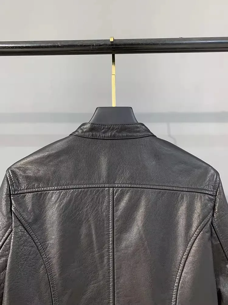 Herbst Fashion Echtes Leder Frauen Kurze Jacke Stehkragen Zipper Mantel Top Arbeit Dame Slim Fit Jacken Casual Schwarz Oberbekleidung