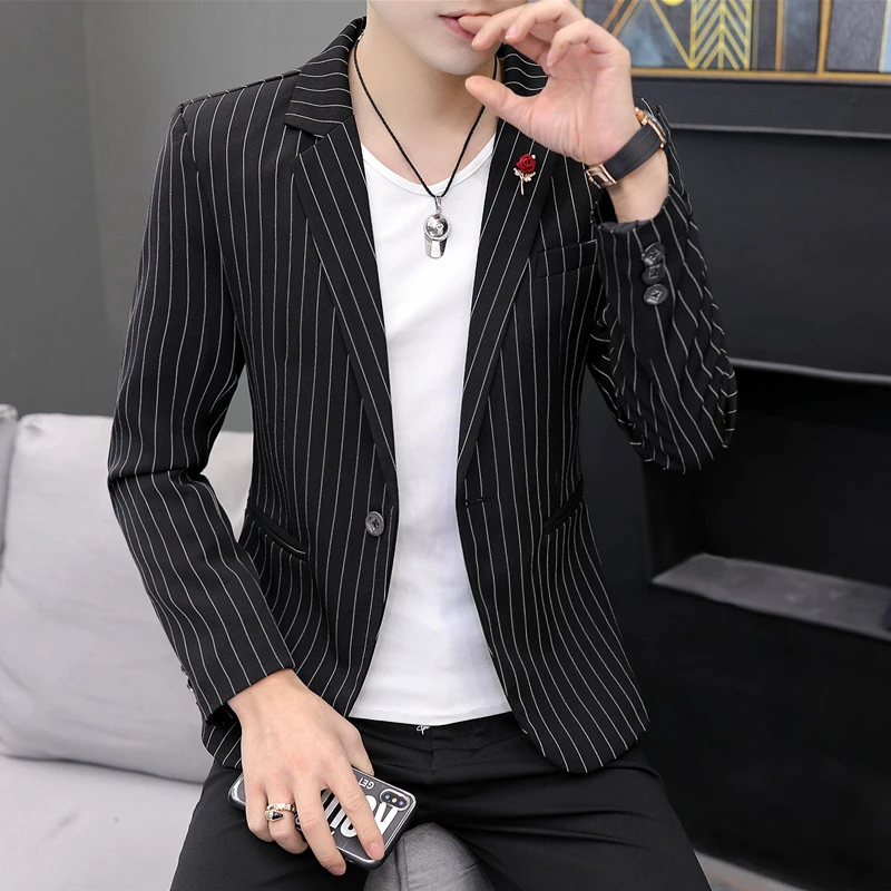 

Повседневный универсальный мужской модный молодежный костюмный пиджак в корейском стиле на одну пуговицу с длинными рукавами стандартного кроя, верхняя одежда для осени и весны