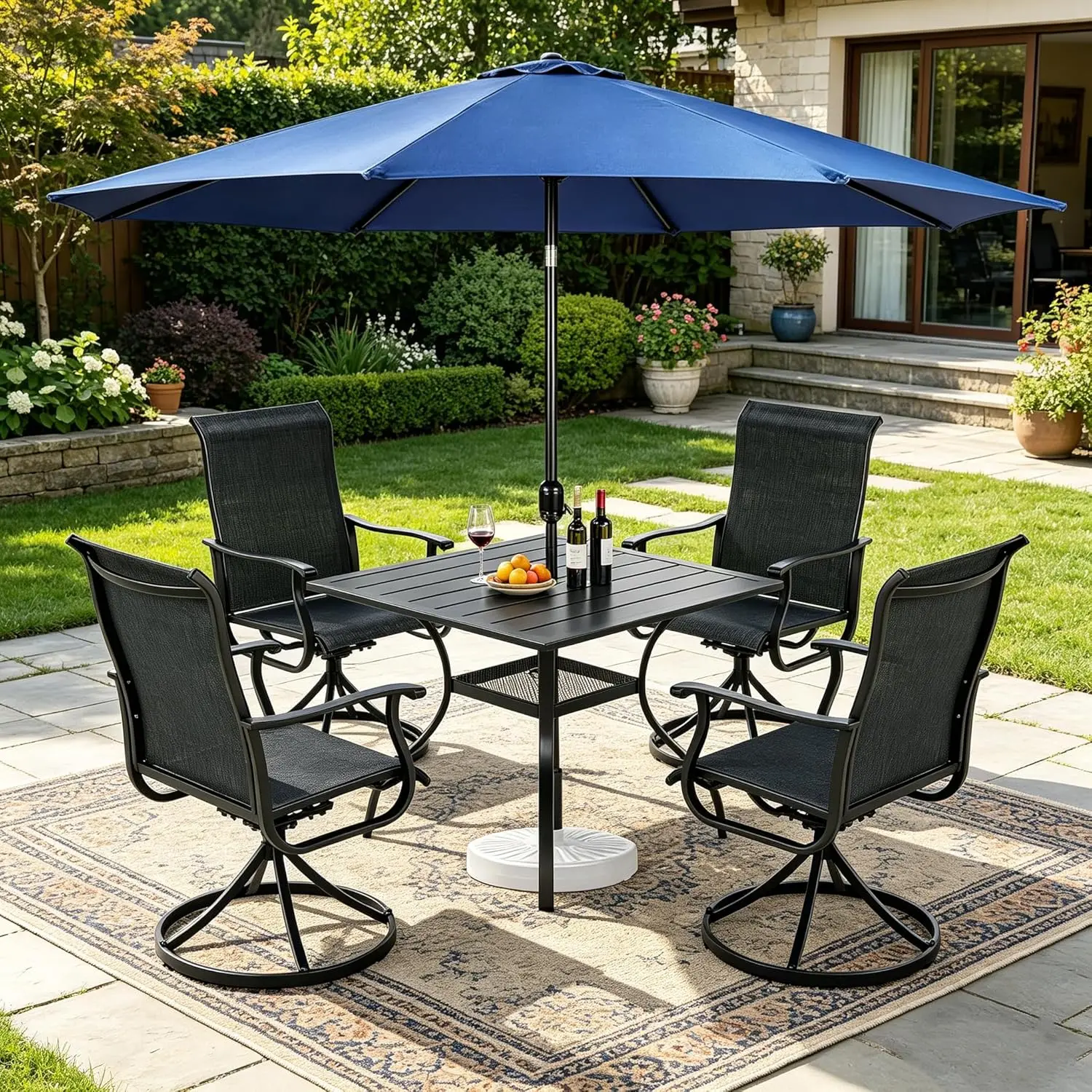 #6pc Outdoor Dining Set 4 Swivel Textilene Chairs Square Metal Table 9Ft Umbrella Patio Deck Garden, Customized