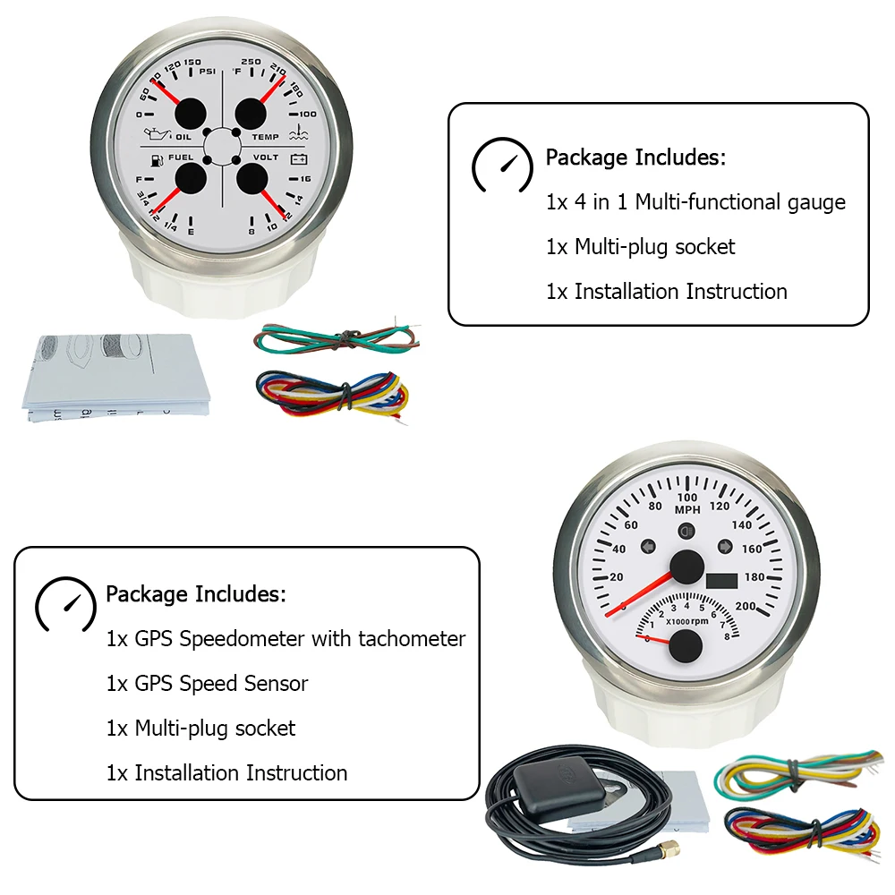 ELING 85mm Car 4in1 Fuel Level Water Temp. Oil Pressure 0-150PSI Voltmeter GPS 120 200 km/h MPH Speedometer Tachometer