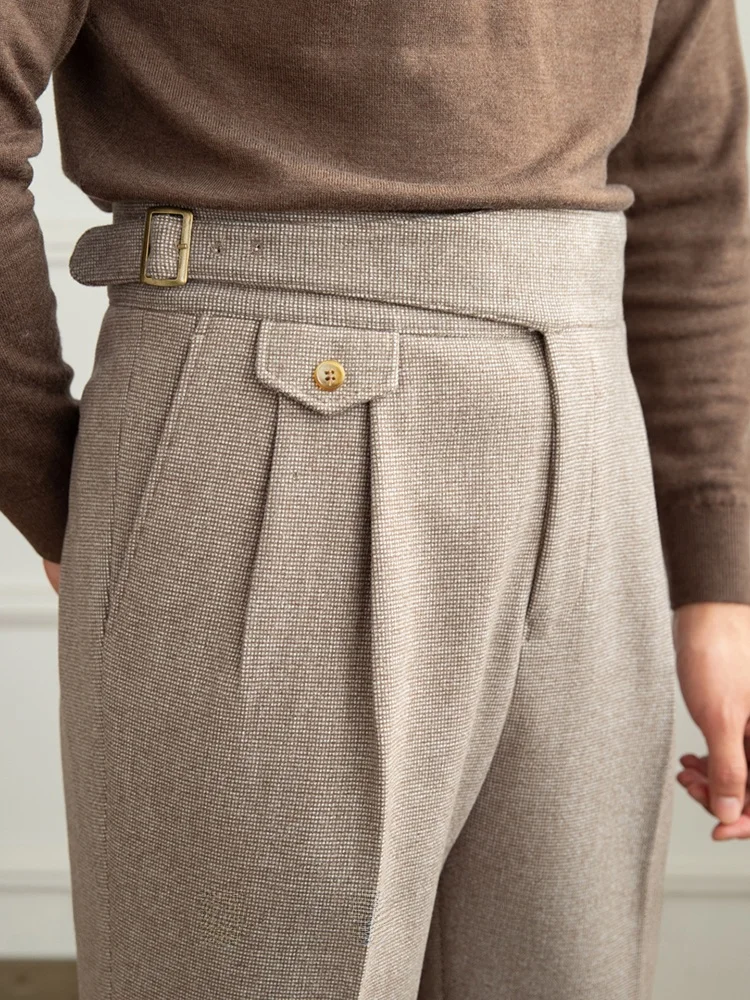 

Warm Retro Men's Straight Leg Casual Pants High Waist Commuter Autumn Winter Polyester Fiber Straight Cut Trousers