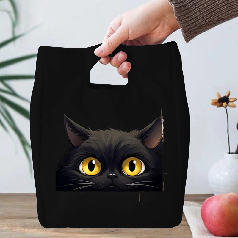 Portable Lunch Bag Cartoon Black Cat Pattern Food Thermal Box Canvas Handbags Women Kids Outdoor Insulated Food Bento Lunch Bags