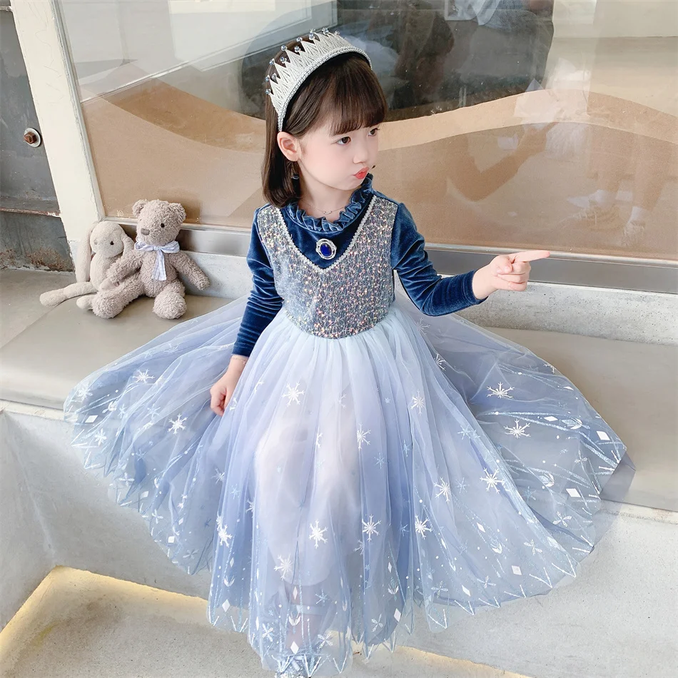 Elsa Cosplay Princess Dress Girls Deluxe Long Sleeved Frocks Cloak Costumes Children Birthday Carnival Xmas Party Clothes