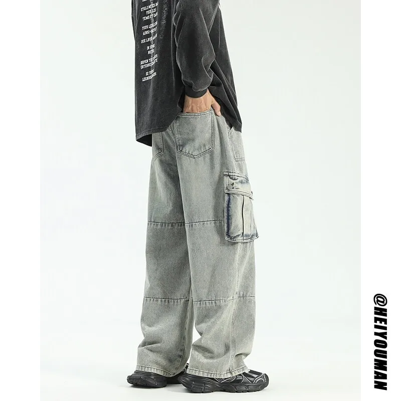 High quality Wide Leg jeans men Big Pocket Overalls Patchwork Men Unisex Neutral Loose Straight Casual High Street Hip Hop Jeans