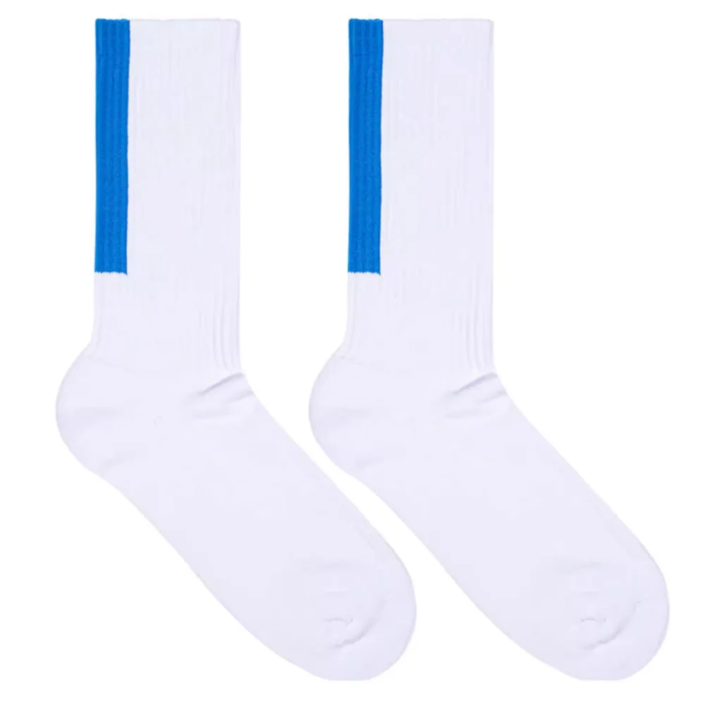 

Men's White Tall Tube Blue Square Sports Fitness Boneless Seam Head Xinjiang Towel Bottom Cotton Socks