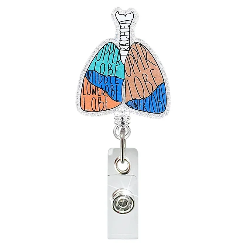 Glitter Acrylic Organ Lung Brain Heart Badge Reel Retractable ID Badge Holder With 360 Rotating Alligator Clip Nurse Name Holder