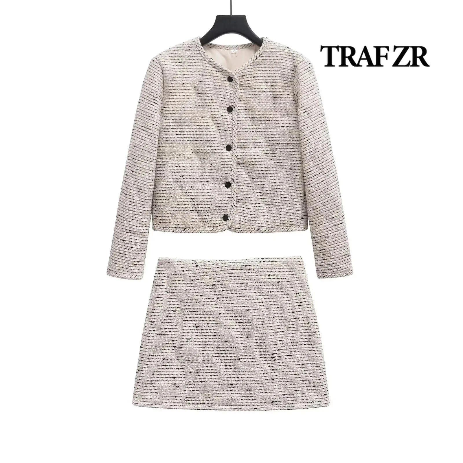 TRAF ZR Women\'s Suit With a Skirt Fashion Luxury Chic and Elegant Woman Skirt White Tweed Suit New Two Piece Set winter 2024