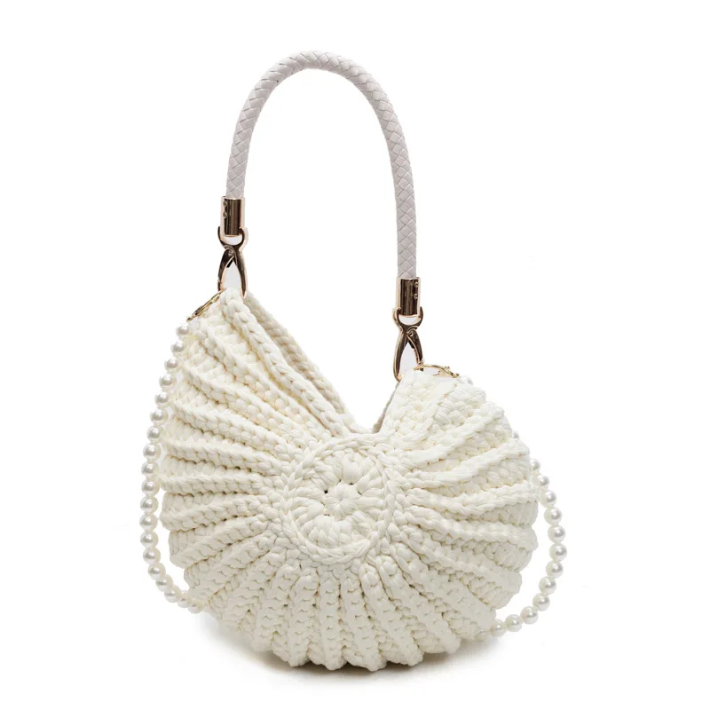 

Creative Conch Shaped Crochet Women Shoulde Bags Funny Cute Pearls Chains Handmade Weave Crossbody Bag Fashion Small Handbags