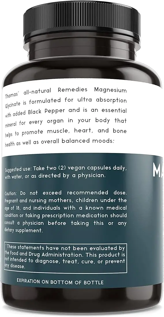 Magnesium Glycinate Supplements,High Absorption,Dietary Supplements for Muscle and Bone Support,Non-GMO,60 Vegan Capsules