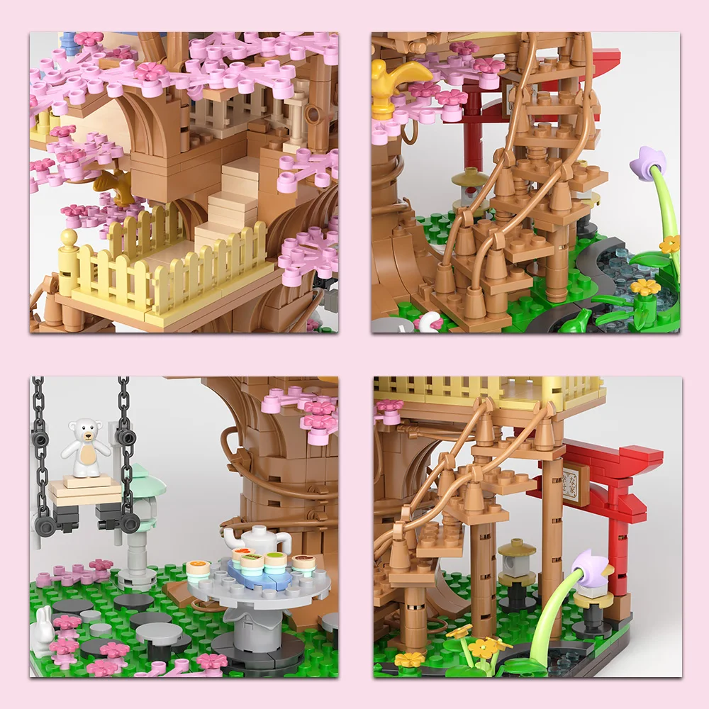 Blocos de Construção de Cerejeira com Luz, Arquitetura de Casa Japonesa, Mini Brinquedo De Tijolo, 1466Pcs