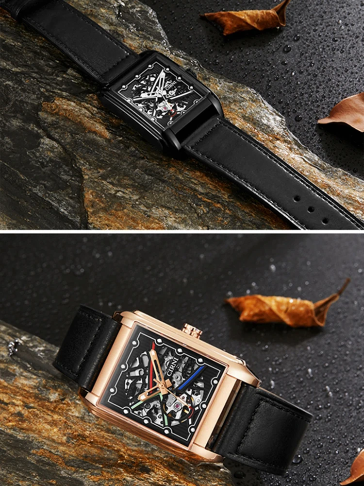 CIRNI-Relógio mecânico de luxo automático masculino, esqueleto retangular, relógio impermeável, moda, 5Bar, 2023