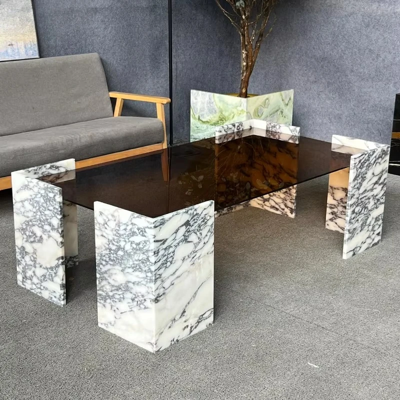 Mesa de Centro Moderna de Estilo Real con Tapa de Acrílico y Patas de Mármol Calacatta Viola para Sala de Estar, Villa u Hotel