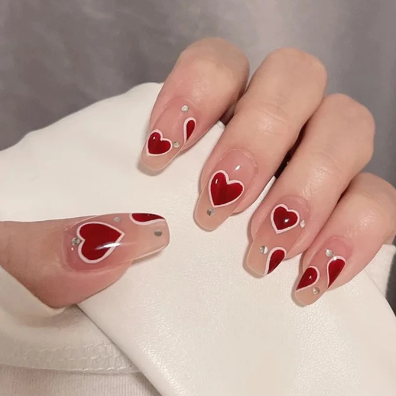 24 Pz/set Bianco 3D Bowknot Cuore Mandorla Unghie Finte Kit Perla Strass Unghie Finte Lunghe Patch Copertura Completa Presse sulle Punte Del Chiodo