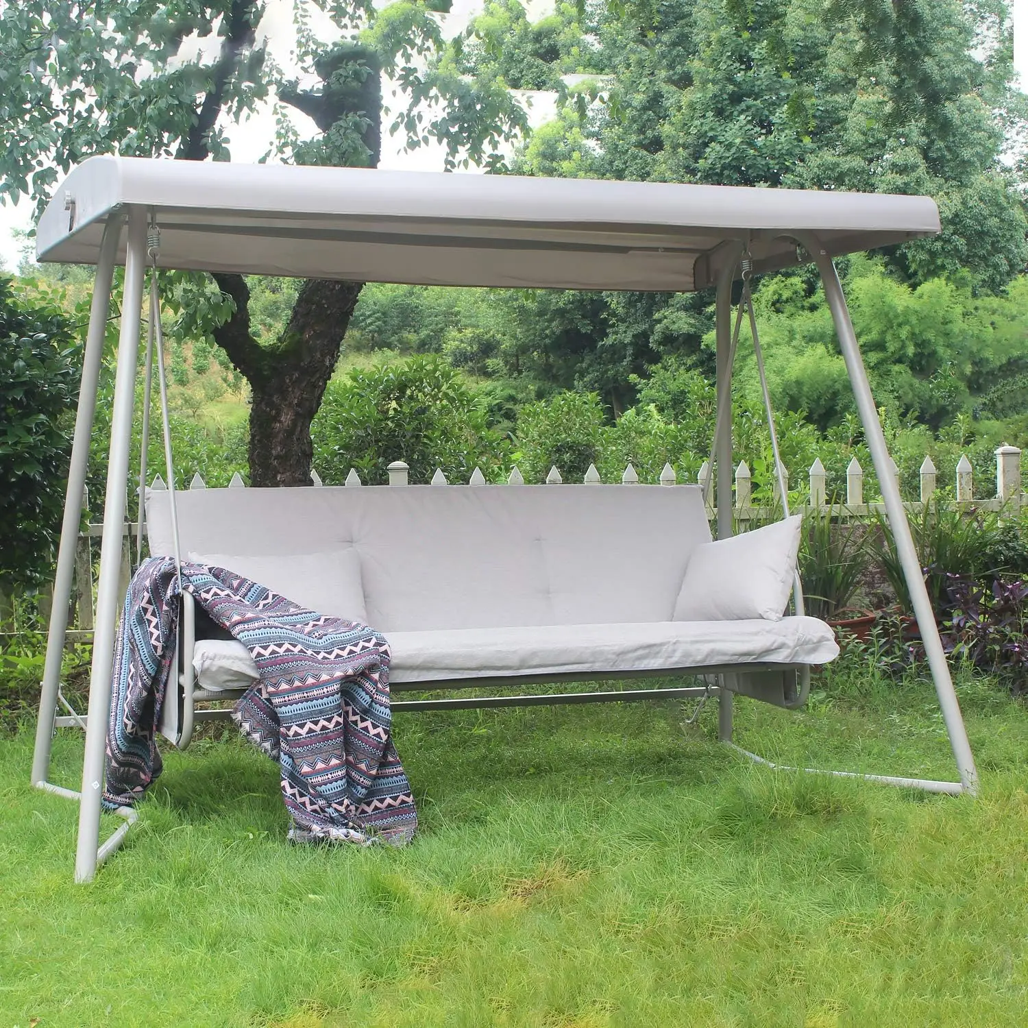 Patio Swings With Canopy - 3 Person Swing With Convertible Design And 4 Storage Pockets, Porch Swing With Stand, Soft Cushion