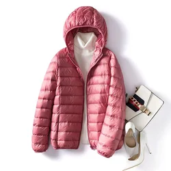 Jaquetas puffer curtas com capuz para mulheres, casacos ultra leves, aquecidos, 90% brancos de pato para baixo, plus size, recém-chegados, outono e inverno