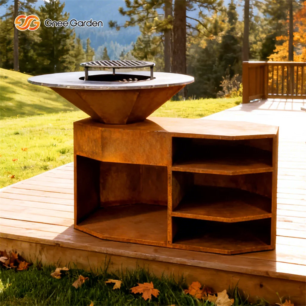 Garden Fire Grill Commercial Charcoal BBQ Grill Corten Steel Powder Coated Modern Trolley Easily Cleaned