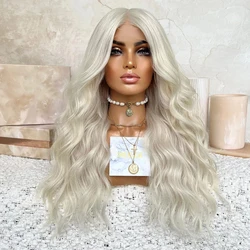 AIMEYA Long Body Wave Lace Front Wig Platinum Silver Glueless Synthetic Lace Wigs for Women Blonde Heat Resistant Cosplay Wigs