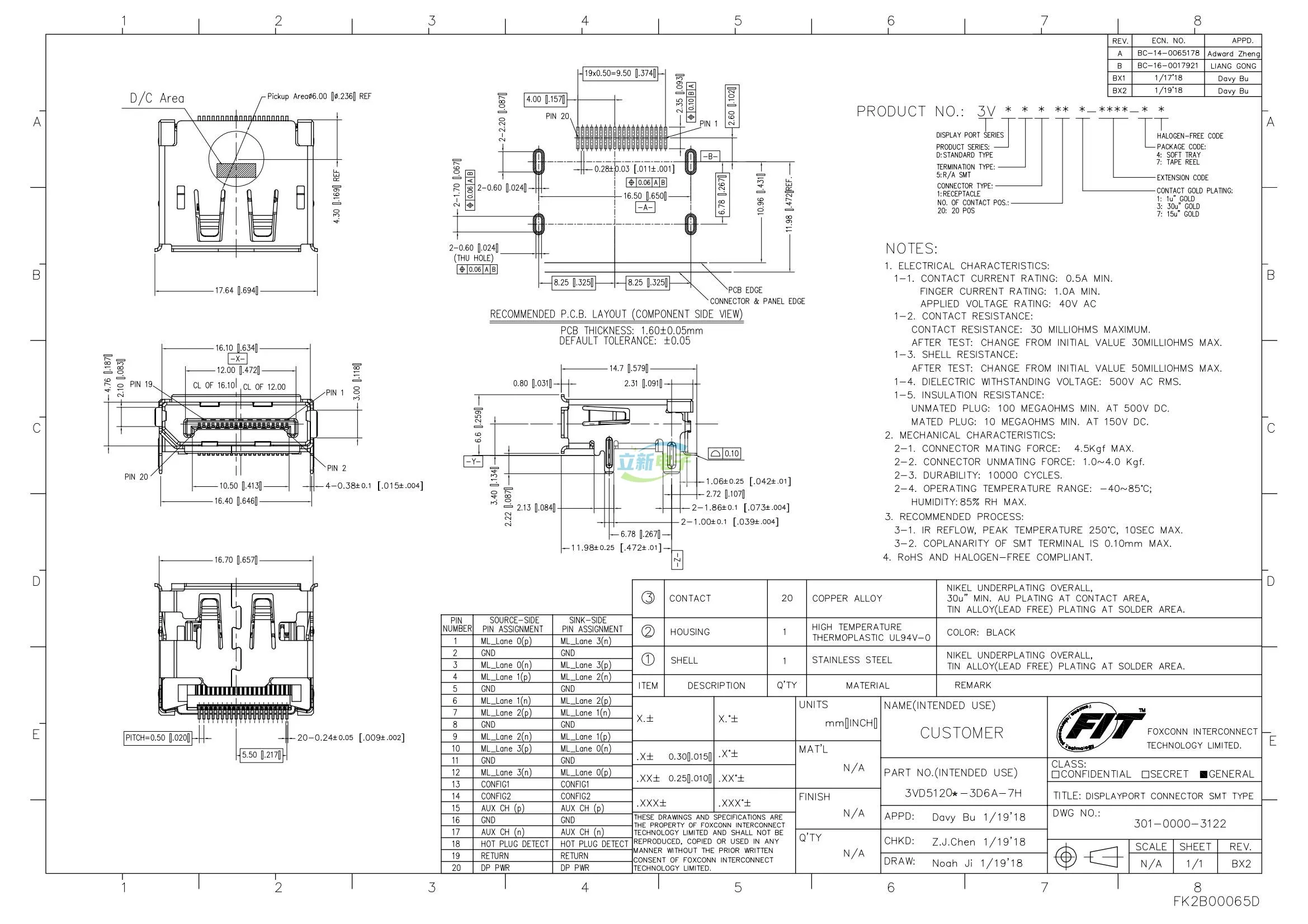 Foxconn 3vd51207-3d6a-7h única camada dp conector de remendo