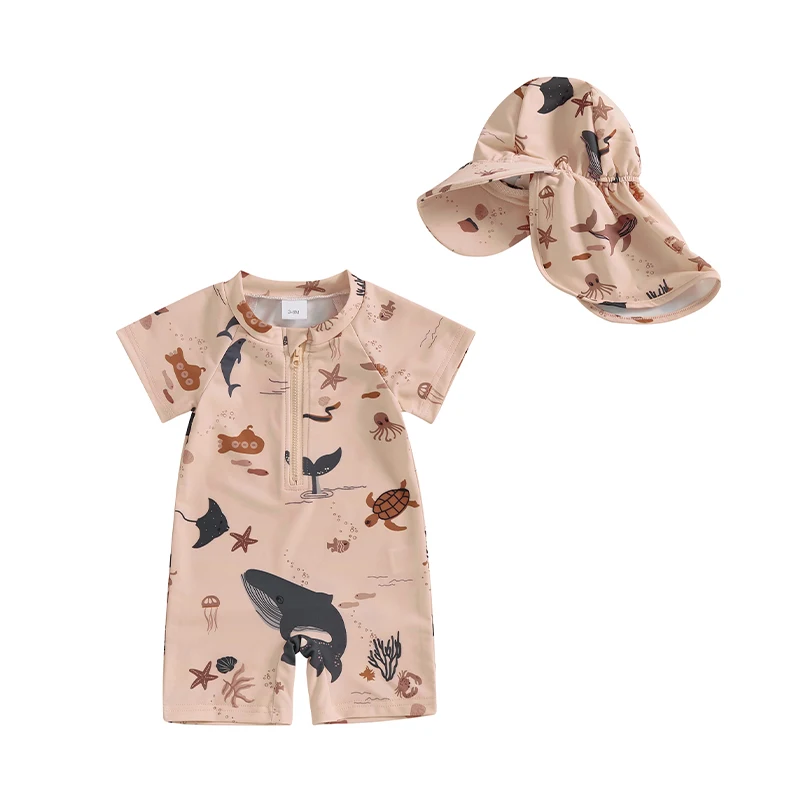 

Baby Girls Rash Guard Swimsuit with Hat 2 Pcs Set Zip Up Short Sleeve Crew Neck Infant Girls Swimwears