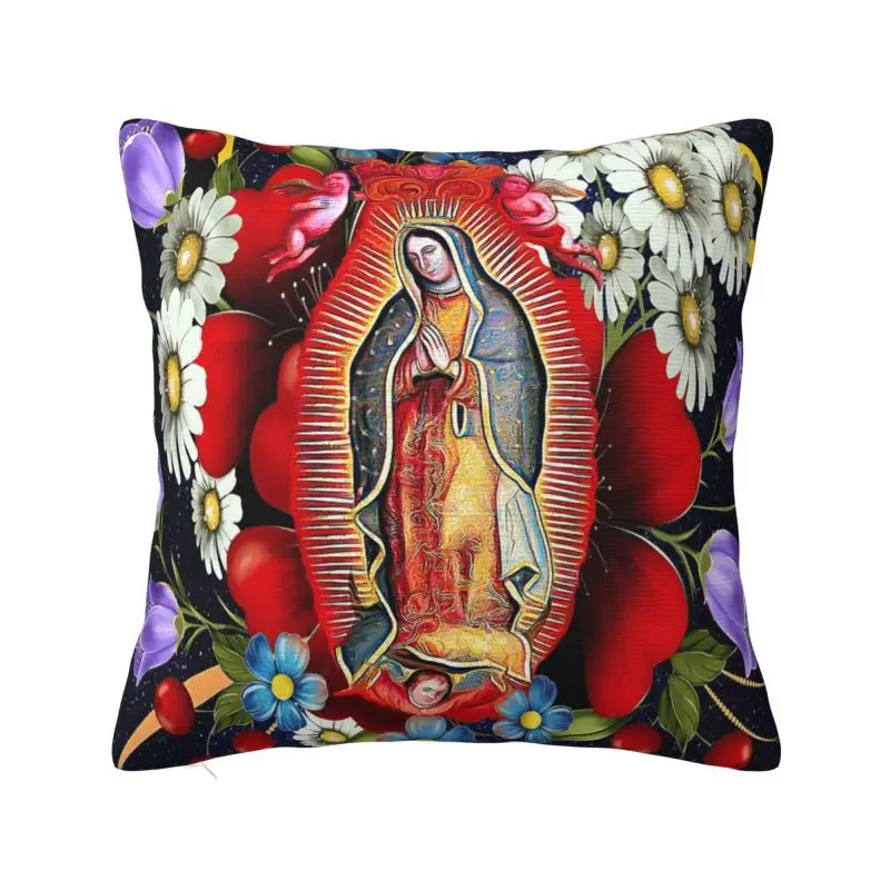 Our Lady Of Guadalupe Cushion Cover Velvet Virgin Mary Flowers Tilma Throw Pillow for Sofa Square Pillowcase Bedroom Decoration