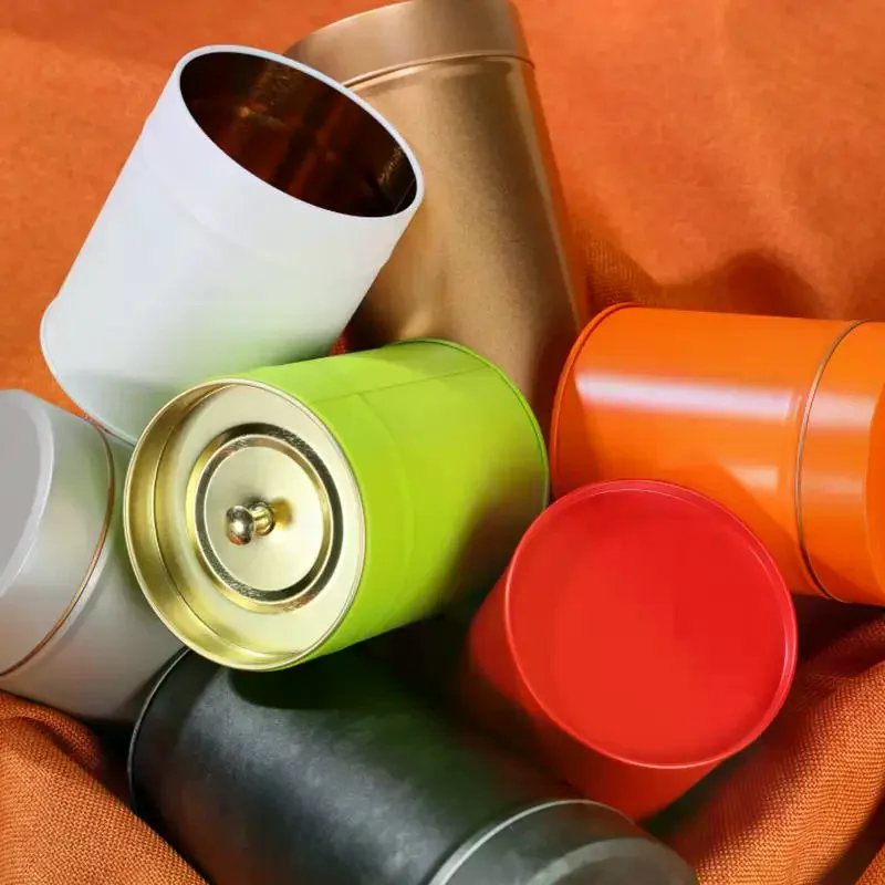 Cylindrical Metal Tea Canister Double Airtight Lid Dry Tea Storage Tin