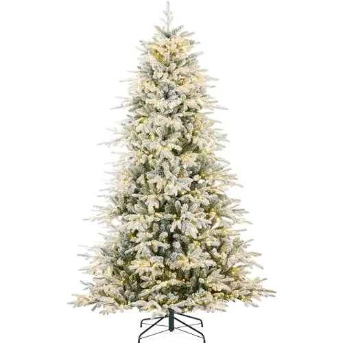 Full Flocked Aspen Christmas Tree, 6ft Pre-lit Realistic Noble Fir w/ 450 Glowing LED Lights, 2-in-1 White & Multicolor