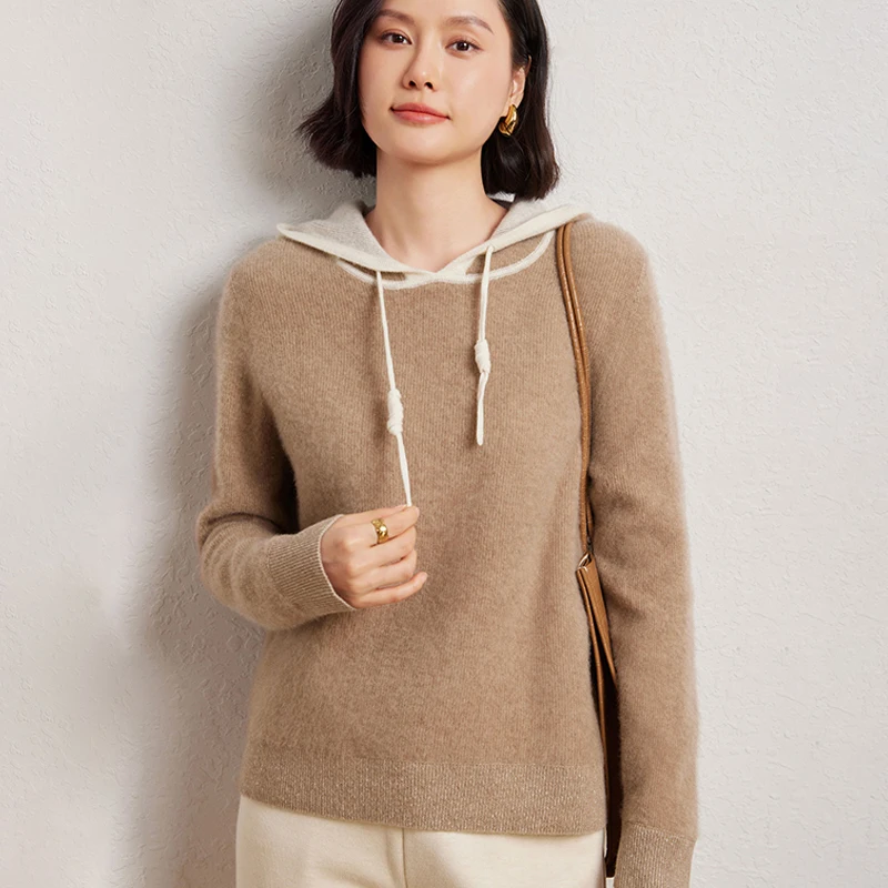 

Women Hooded Collar Thickening Pullover 35% Cashmere 65% Wool Contrast Color Sweater Autumn Winter Cashmere Bottoming Clothing